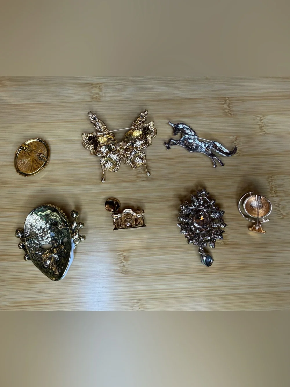 Statement Brooch Lot of 7: Rhinestone Enamel Butterfly Mask Cameo Unicorn Camera
